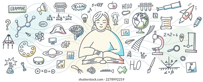 Girl reading book. Student studying with textbook. Education concept. School subjects doodle. 