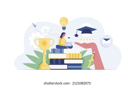 Girl reading book. students learning online. Vector illustration