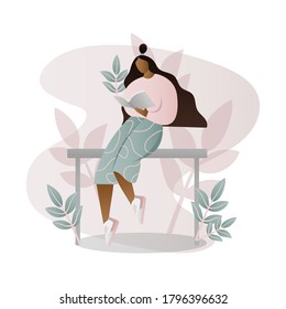 Girl reading a book, studying, preparing for exam, young student woman reading a textbook, magazine, book lover trendy modern flat color abstract minimal character cartoon illustration