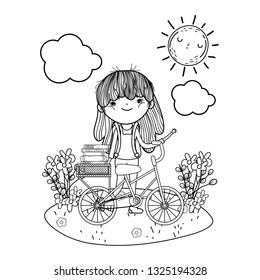 girl reading book with sun kawaii and bicycle in the camp