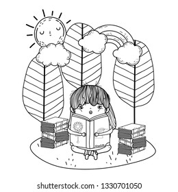 girl reading book with sun kawaii in the field