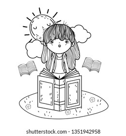 girl reading book with sun kawaii in the field