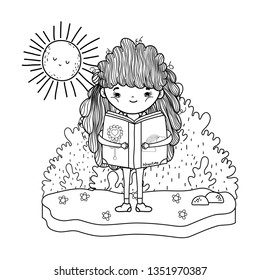 girl reading book with sun kawaii in the field