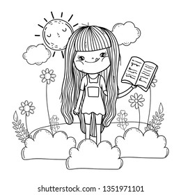 girl reading book with sun kawaii in the field