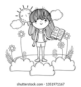 girl reading book with sun kawaii in the field