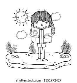 girl reading book with sun kawaii in the field