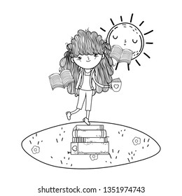 girl reading book with sun kawaii in the field