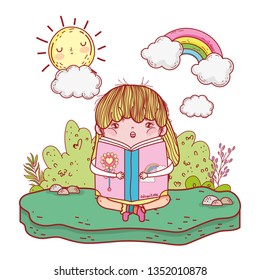 girl reading book with sun kawaii in the field