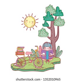 girl reading book with sun kawaii and bicycle in the camp