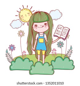 girl reading book with sun kawaii in the field