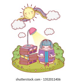 girl reading book with sun kawaii in the field