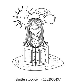 girl reading book with sun kawaii in the field