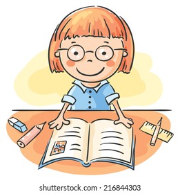 Girl reading a book at the table