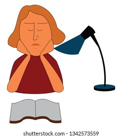 Girl reading a book at a table with a table lamp  vector illustration on white background 