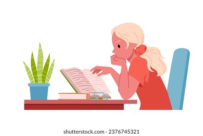 Girl reading book at table vector illustration. Cartoon isolated side view of learning scene with girl student sitting at desk and turning pages of paper textbook with fingers to read and study