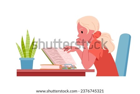 Girl reading book at table vector illustration. Cartoon isolated side view of learning scene with girl student sitting at desk and turning pages of paper textbook with fingers to read and study