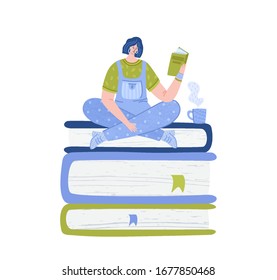 girl reading book with tea cup, student read and study, literature fan or lover concept, woman rests with novel, modern flat cartoon textured people character isolated on white - vector illustration