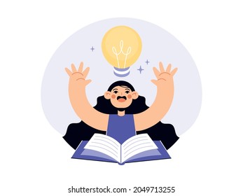 A girl is reading a book and thinking about ideas. Shiny light bulb. Teenager reads a book. Vector female character illustration