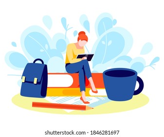 Girl reading book. Tiny young woman student character sitting on pile of big books and reading. Hobby, library, education concept flat vector illustration.