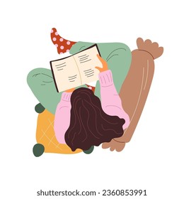 Girl reading a book, top view. Young woman studying literature at home while sitting in a comfortable pose. Flat vector illustration isolated on white background