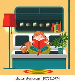 Girl reading a book in the train. Vector illustration.