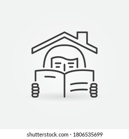 Girl Reading a Book under the House Roof linear icon. Homeschooling outline vector concept sign