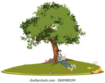 Girl Reading Book Under Tree Illustration Stock Vector (Royalty Free ...