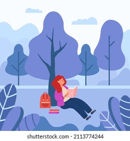 Girl reading book under tree in park flat vector illustration. Cheerful female character in headphones sitting on grass with textbooks and backpack, doing homework. Youth, study concept