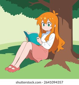 Girl Reading Book Under Tree, Calm and Relaxed Cartoon Style