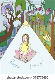 Girl is reading a book under a tree. Spring forest with butterflies. Happy birthday card.