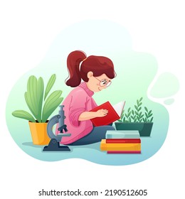 The girl is reading a book. Vector colorful illustration on the theme of children learning. The child is getting ready for school. Microscope and books are located near the character.