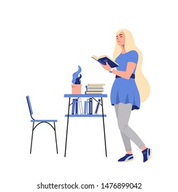 Girl reading a book. Vector illustration where a person reads books on a white background.Lover of literature. Library.Flat design style.EPS-10.