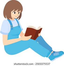 Girl Reading Book Vector Illustration, Cute Cartoon Style. Short Haired Girl Wearing T-Shirt And Blue Overall Pants Sitting And Reading A Book.