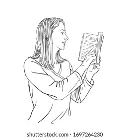 Girl is reading book, vector sketch, hand drawn linear illustration isolated