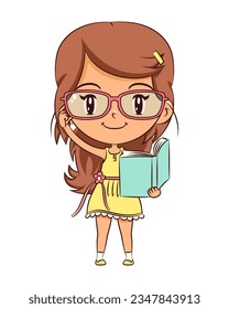 Girl reading book wearing glasses