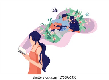 A girl is reading a book. When reading, imagination improves and memory improves. Book Day. Diary and memories. A dream of a happy relationship.
fantasy flight. Vector illustration. Isolated