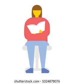 A girl reading book while sitting on chair, flat vector icon 
