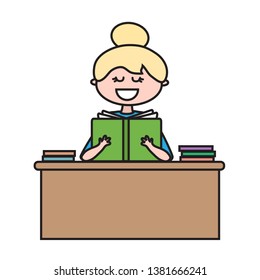 A girl is reading a book while sitting at the table. Vector illustration.