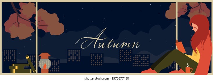 Girl reading a book while sitting near windowin the fall.