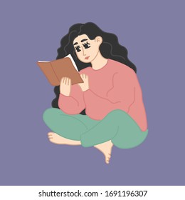 Girl reading a book while sitting on a sofa at home. Hand drawn Vector trendy illustration. Pastel colors. Home education, schooling.
