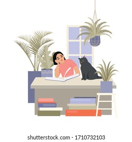 A girl is reading a book while sitting at a table and a cat sitting next to her. Love of reading. Cute vector illustration in cartoon style.