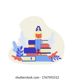 Niña está leyendo un libro mientras está sentada en un montón de libros. Concepto de estudio a distancia y autoeducación. Carácter joven estudiante, ilustración plana vectorial.