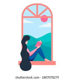 Girl reading a book while sitting at the window isolated on white background. Flat concept vector illustration.