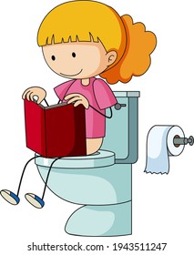A girl reading book while sitting on toilet doodle cartoon character illustration