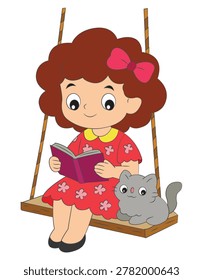 Girl reading a book while sitting on a swing with a grey cat