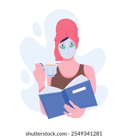 Girl reading book while skincare routine, flat illustration 