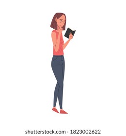 Girl Reading Book while Walking, Girl Student Character in Casual Clothes Studying or Preparing for Exam, Book Lover, Reader Cartoon Style Vector Illustration