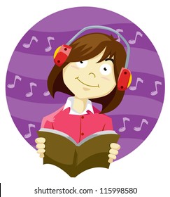 Girl reading a book wile listening to music with headphones, vector illustration