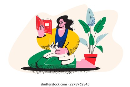 A girl is reading a book.  A woman with a cat is sitting on the floor with a book. Library, bookstore. Cosy