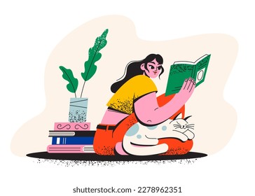 A girl is reading a book.  A woman with a cat is sitting on the floor with a book. Library, bookstore. Cosy